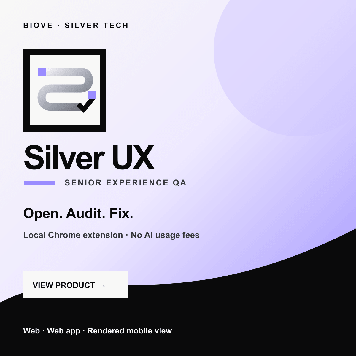 Silver UX 로고와 Open, Audit, Fix 메시지가 담긴 제품 카드