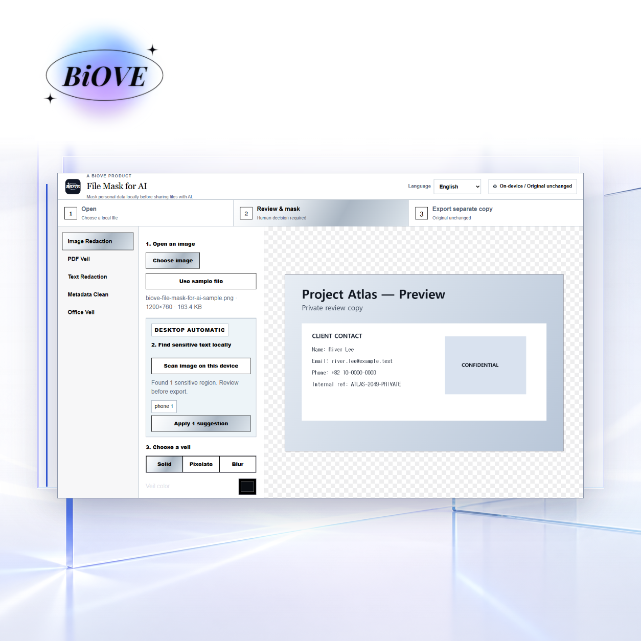 BiOVE File Mask for AI 실제 화면을 투명 인터페이스 공간에 구성한 제품 이미지
