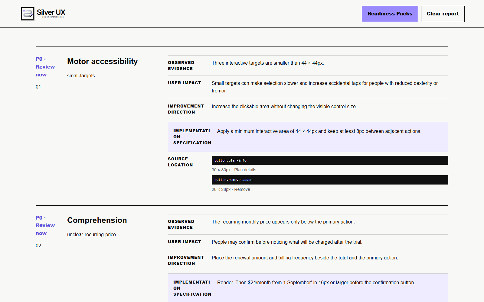 Actual English Silver UX finding detail with evidence and implementation direction