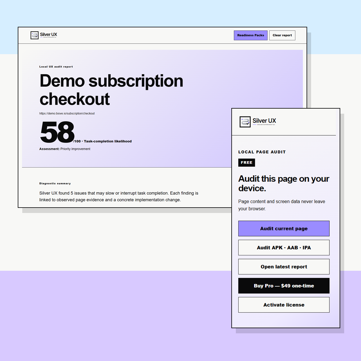Silver UX 0.6.1 actual product workflow showing audit launch, report overview and finding detail