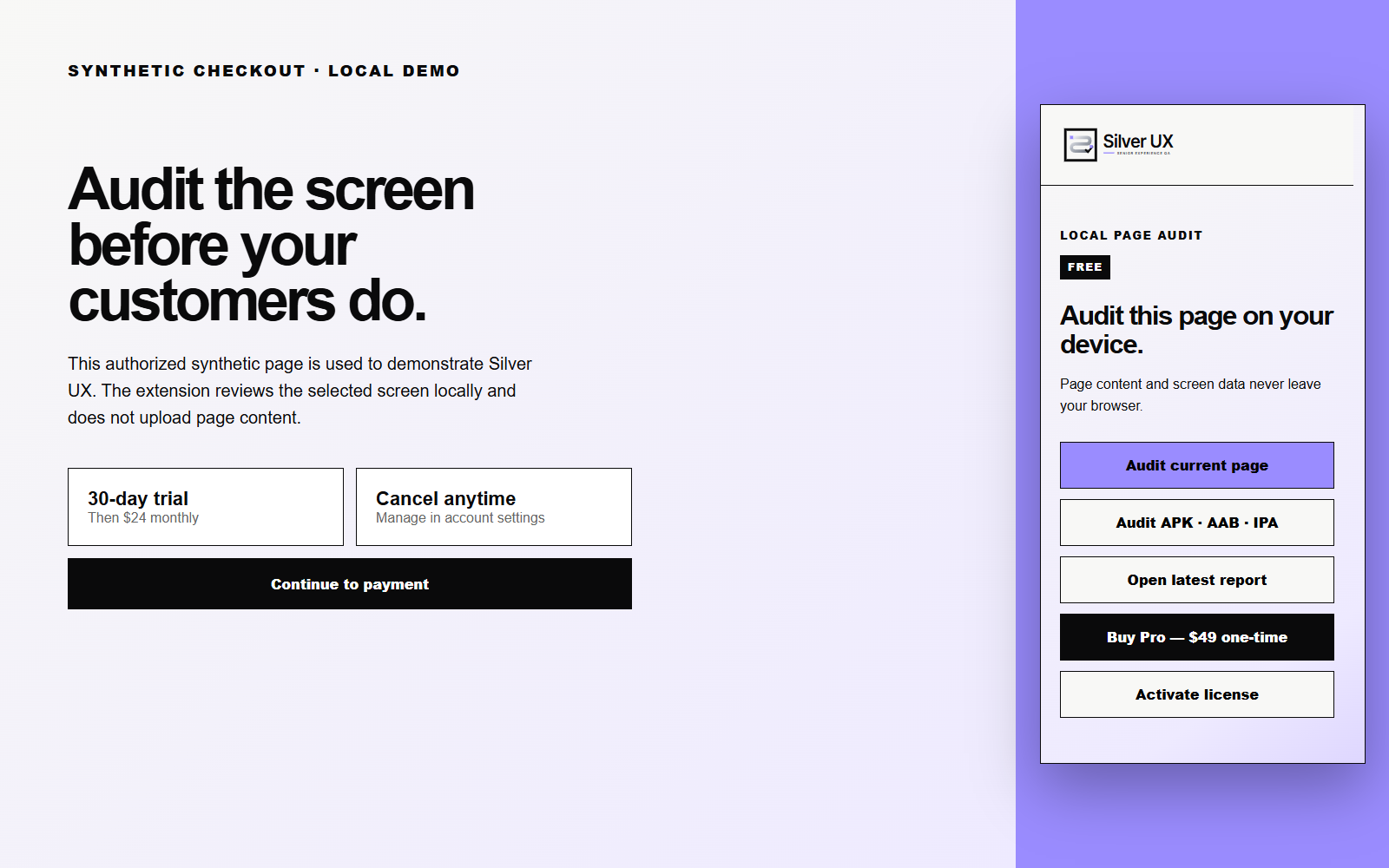Actual English Silver UX extension popup for running a local audit